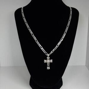 Sterling Silver 925 Italy Figaro Chain Necklace with CZ Gothic Cross Pendant